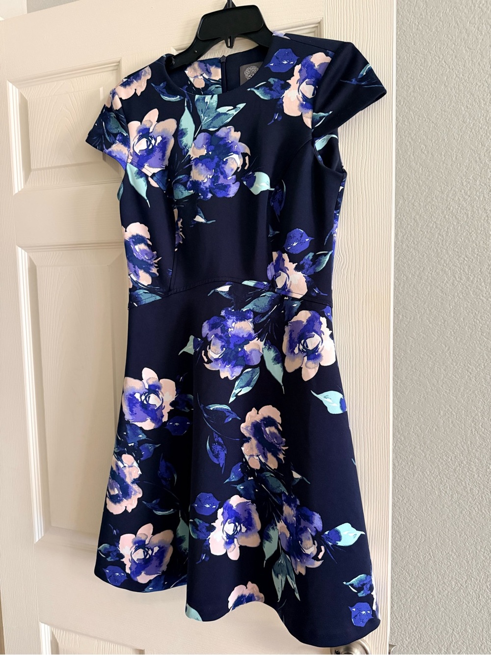 Vince Camuto Navy Floral Fit & Flare Dress with Blue and Blush Blooms